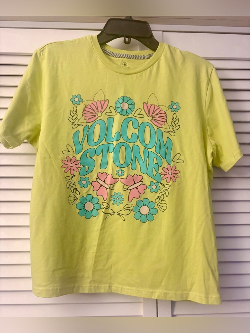 Volcom Neon Yellow Tee with Pink & Blue Floral Logo